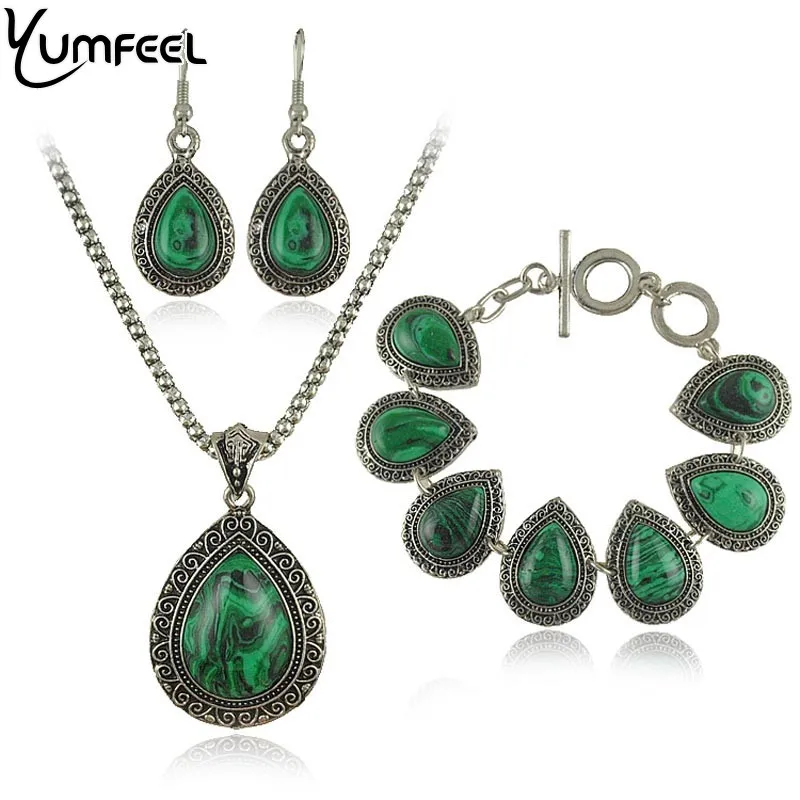 

Fashion green malachite stone jewelry sets charm bracelet pendant necklace women Vintage silver jewelry sets big green earrings
