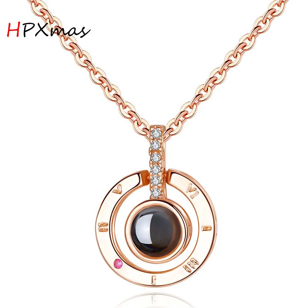 

HPXmas Romantic I love you in 100 languages Projection Pendant Necklace Rose Gold/Silver memento Statement for lovers A25