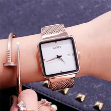 Fashion Golden Women’s Diamonds Wrist Watches Luxury Brand GUOU Women Metal Mesh Stainless Steel Dress Watch Relogio Feminino