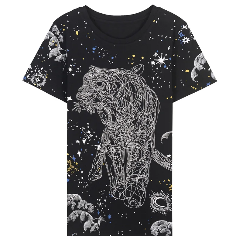 

2018 Runway Designer Luxury T-shirts for Women Black Sky Stars Tiger Print Cotton Harajuku Summer Top Tee Female