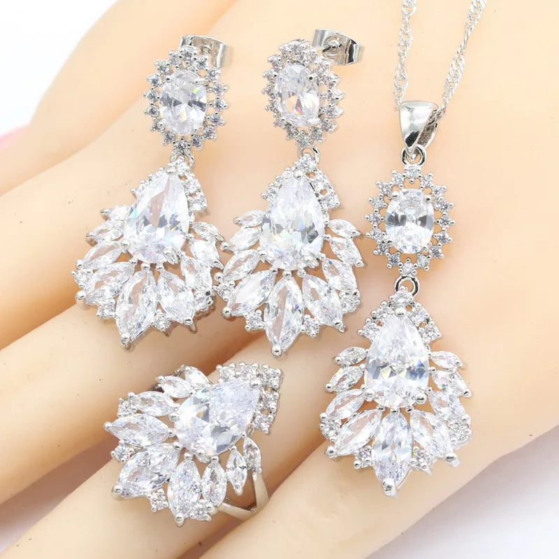 White Cubic Zirconia 925 Silver Bridal Jewelry Sets For Women Earrings