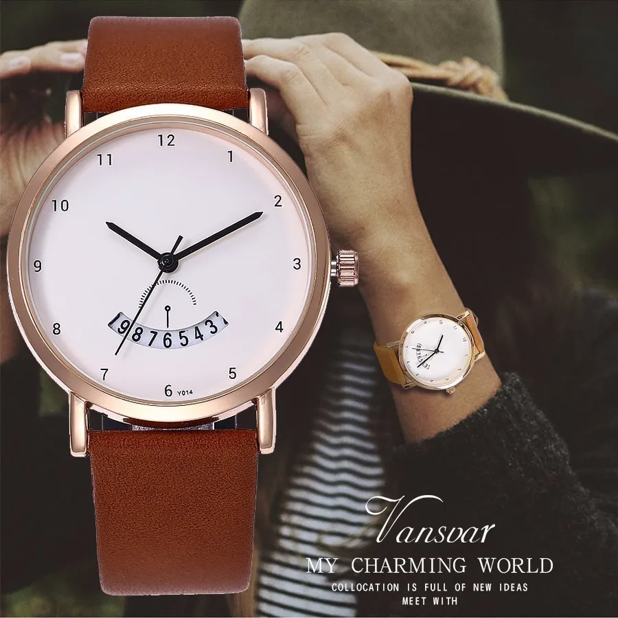 

2017 New Fashion Vansvar Brand Women Simple Calendar Noble Watch Leather Strap Quartz Wristwatch Ladies Watch Montre Femme Hot