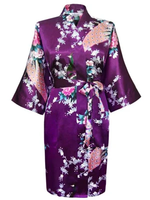 Женское Новое поступление халат китайский стиль кимоно окрашенный кафтан халат платье с поясом Павлин много цветов пижамы Халаты - Цвет: purple