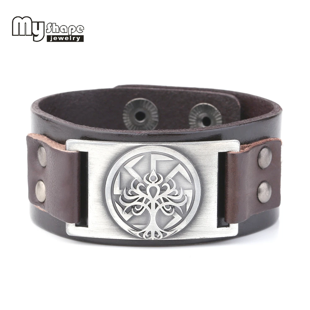 

my shape Tree of Life Black Brown Genuine Leather Bracelet Men's Vintage Snap Botton Bangles Symbol Sun Wheel Jewelry