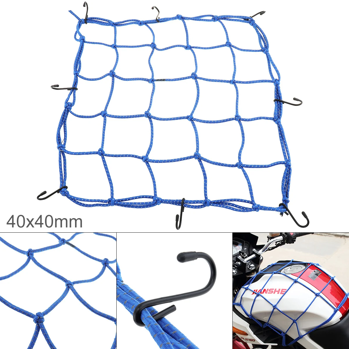 

40 x 40cm Motorcycle Luggage Net Blue Reflective Helmet Mesh Hold Down Luggage Cargo Net with 6 Hooks for Dirt Bike ATV