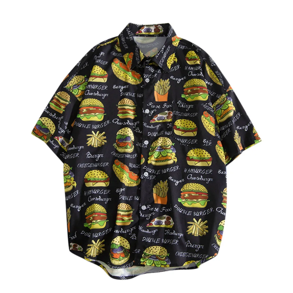 Womail, новинка, мужские летние рубашки с рисунком гамбургера фри, пляжные рубашки, мужские рубашки с коротким рукавом, повседневные летние модные свободные рубашки - Цвет: BK