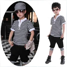 Детская одежда, детская одежда из хлопка, полосатая футболка с коротким рукавом, штаны-шаровары, комплект одежды для мальчиков