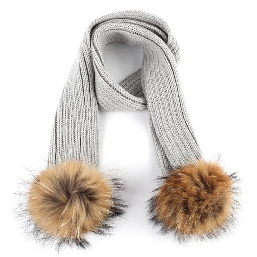 Geebro Kids Knitted Scarf With Double Raccoon Fur Pompom Boys and Girls Cashmere Plain Shawl Wrap Winter Warm Accessories DQ867