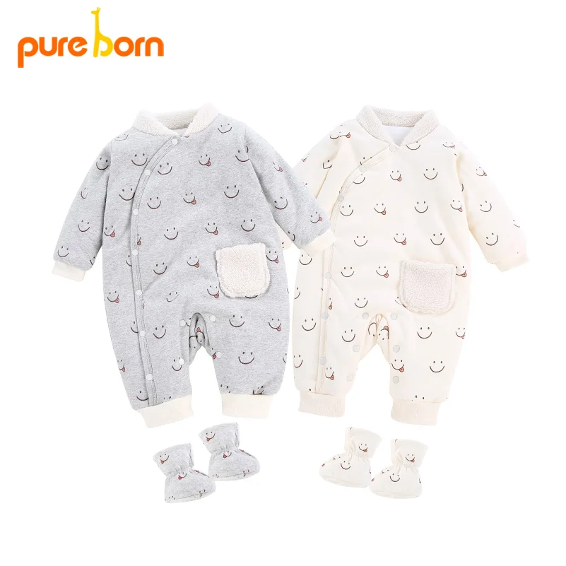 

Pureborn 1 Set Baby Romper+First Walkers Winter Warm Newborns Cotton Infant Baby Girls Boys Smile Face Long Sleeve Winter Autumn