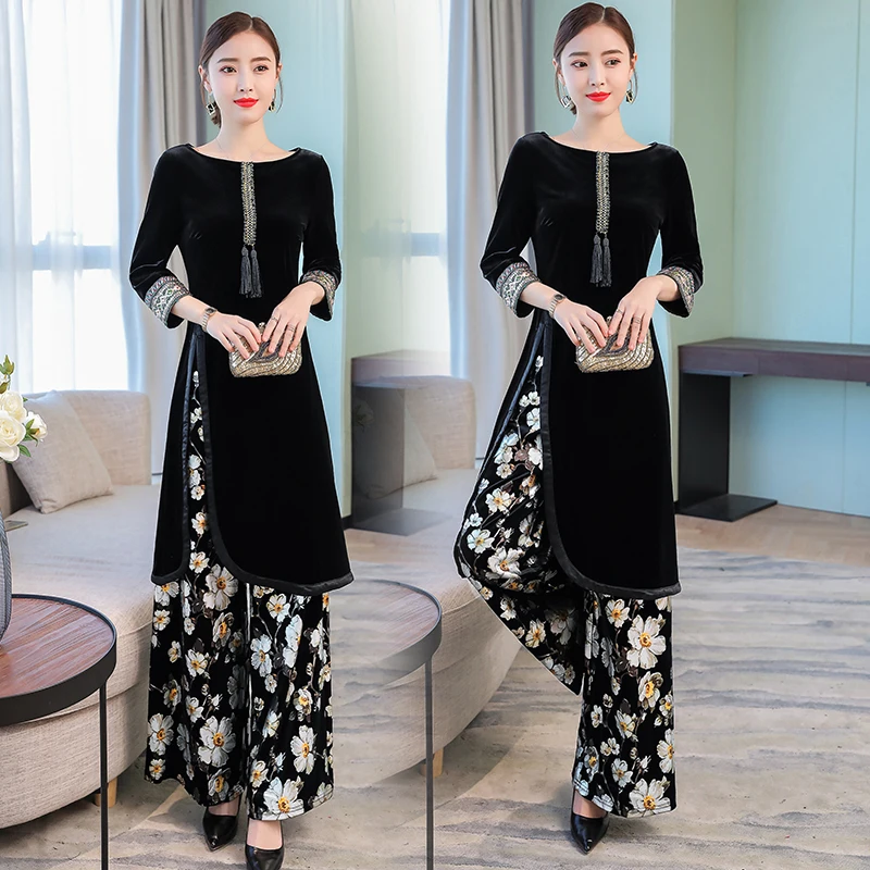 

Velvet 2 piece bodycon set women runway pants plus size large big outfit long top and pants suits black elegant winter clothes