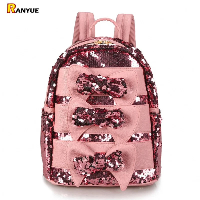 Pink Cute Bow Women Backpack Sequins Pu Leather Backpack Women School Bags Small Mini Backpacks ...