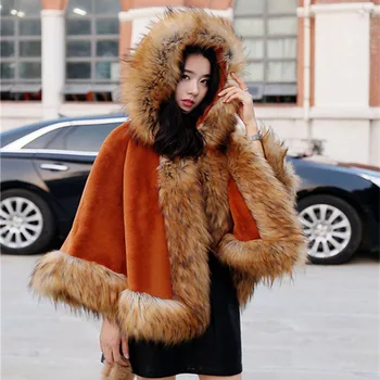 

Brieuces 2018 winter new woman hooded cape woman imitation mane fox fur shawl imitation fur coat woman shawl cape