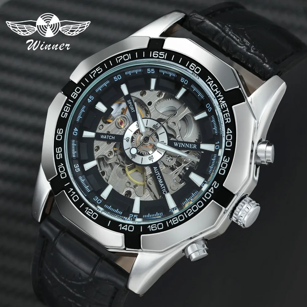 

WINNER 2018 Steampunk Chic Auto Mechanical Watch Men Leather Strap Skeleton Dial Mens Watches Top Brand Luxury Casual relogio