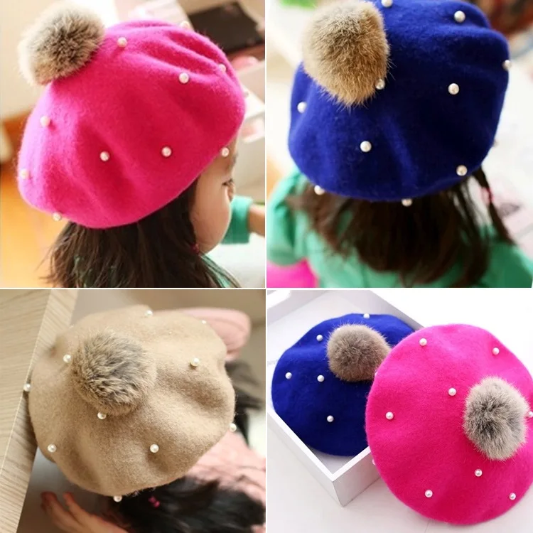 

Children Wool Beret Cap Kids Girls Hat Cute Beanie Pearl Beads Hat The Dome Cap Buds Hat Fall Winter