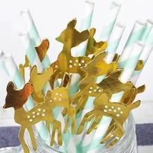 Соломенная соломинка в полоску с изображением золотого оленя, одноразовые соломинки для дня рождения, дня детей, 12 мешков из воловьей бумаги