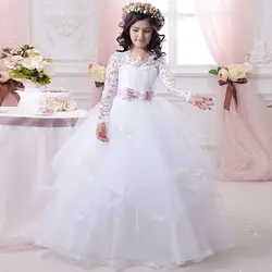 Белое Тюлевое платье с цветочным узором для девочек с кружевной аппликацией, платья для первого причастия, милое платье для милых девочек
