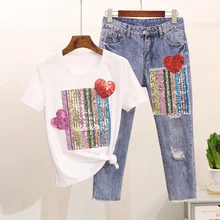 Plus Size M-5XL Women Balck White Tops and Denim Pants Suit Summer Love Striped Sequins Cotton T-Shirt and Jeans 2 Pieces Set