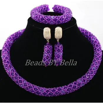 

Purple Crystal Beads Choker Necklace Wedding Accessories Nigerian Party Beads African Bridal Jewelry Sets Free Shipping ABK973