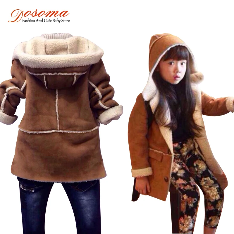 

2015 Children Outerwear Winter Cotton Flax Korean Boys Girls Coats And Jackets Buckskin Lamb' Wool Thick Hooded Coat Parkas Kids