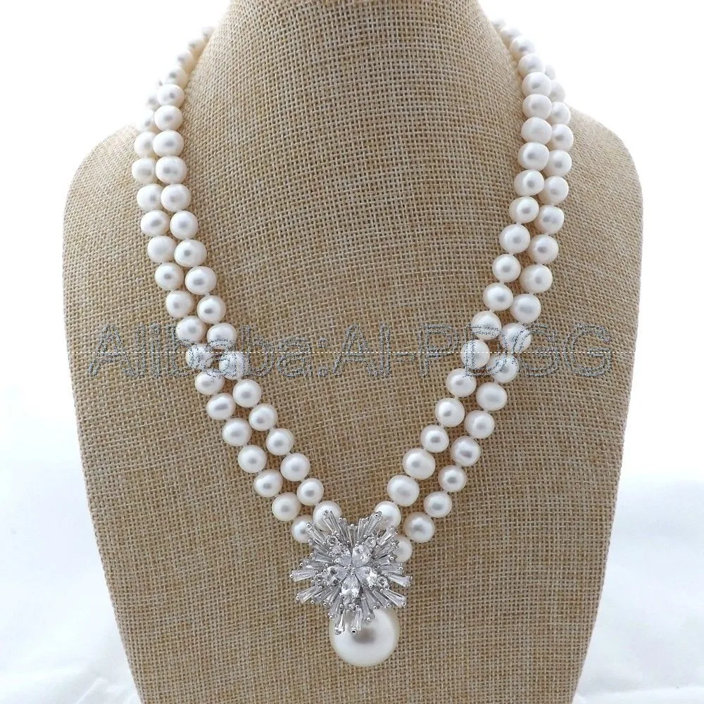 

18" 2Strands White Pearl CZ Pendant Necklace
