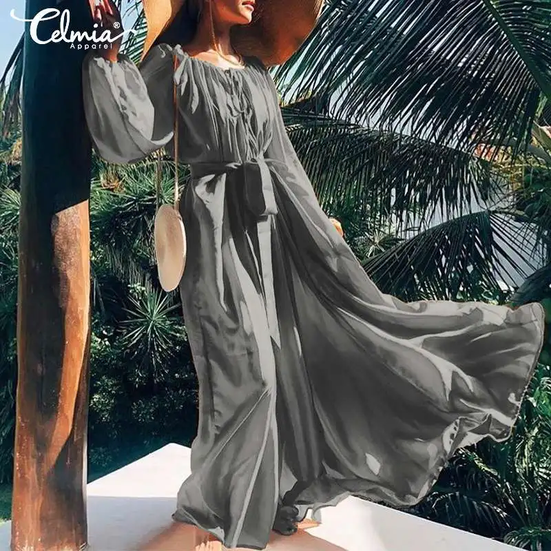 

2019 Celmia Ruffle Swing Dress Women Maxi Long Vestidos Bohemian Casual Loose Solid Sexy V Neck Belted Holiday Party Dress S-5XL
