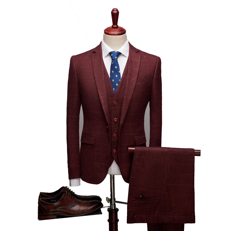 PEORCHID Single Breasted Burgundy Wedding Groom Suit Stripe Plaid Formal Prom Suit Men Party  Dress Suits Tuxedo Navy/Grey 2019