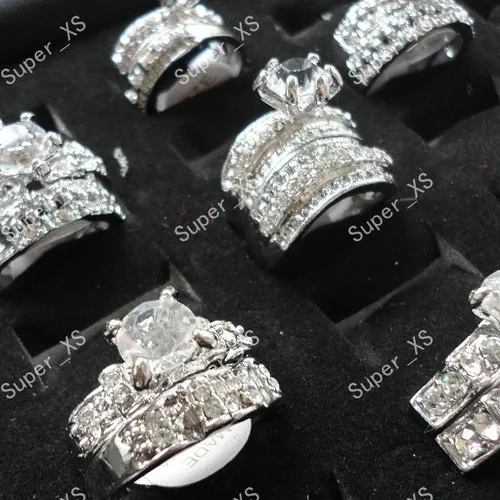 

12Pcs 6 Pairs Rhinestones Zircon 2 in 1 Silver Plated Rings For Women Whole Jewelry Bulk Ring Lots LR154 Free Shipping