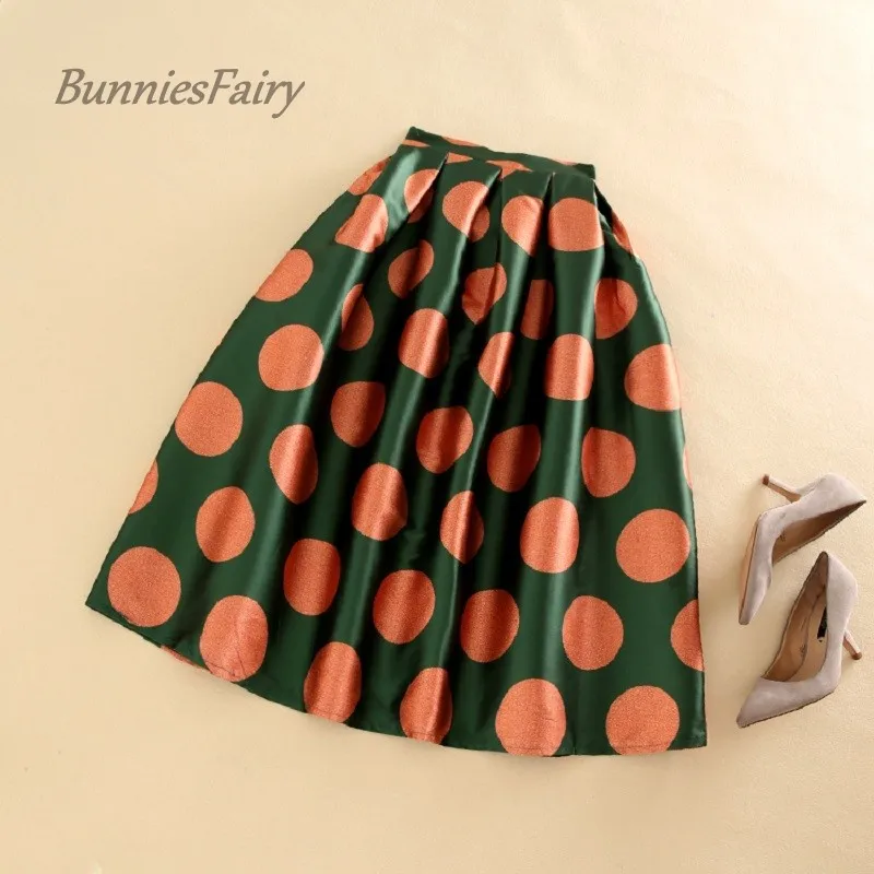 

BunniesFairy 2018 Spring New Hepburn Elegant Vintage Style Women Polka Dot Print Block Color High Waist Midi Skirt Saia Longa