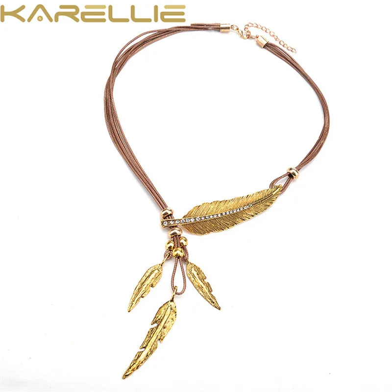 KARELLIE Vintage Jewelry Rope Chain Necklace Alloy Feather Statement Necklaces Pendants Women Accessories | Украшения и