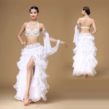 

HOT SALE! NEW STYLE for women belly dance suit beads bra top+belt+chiffon skirt+arms +Earrings 7pcs belly dance set S M L