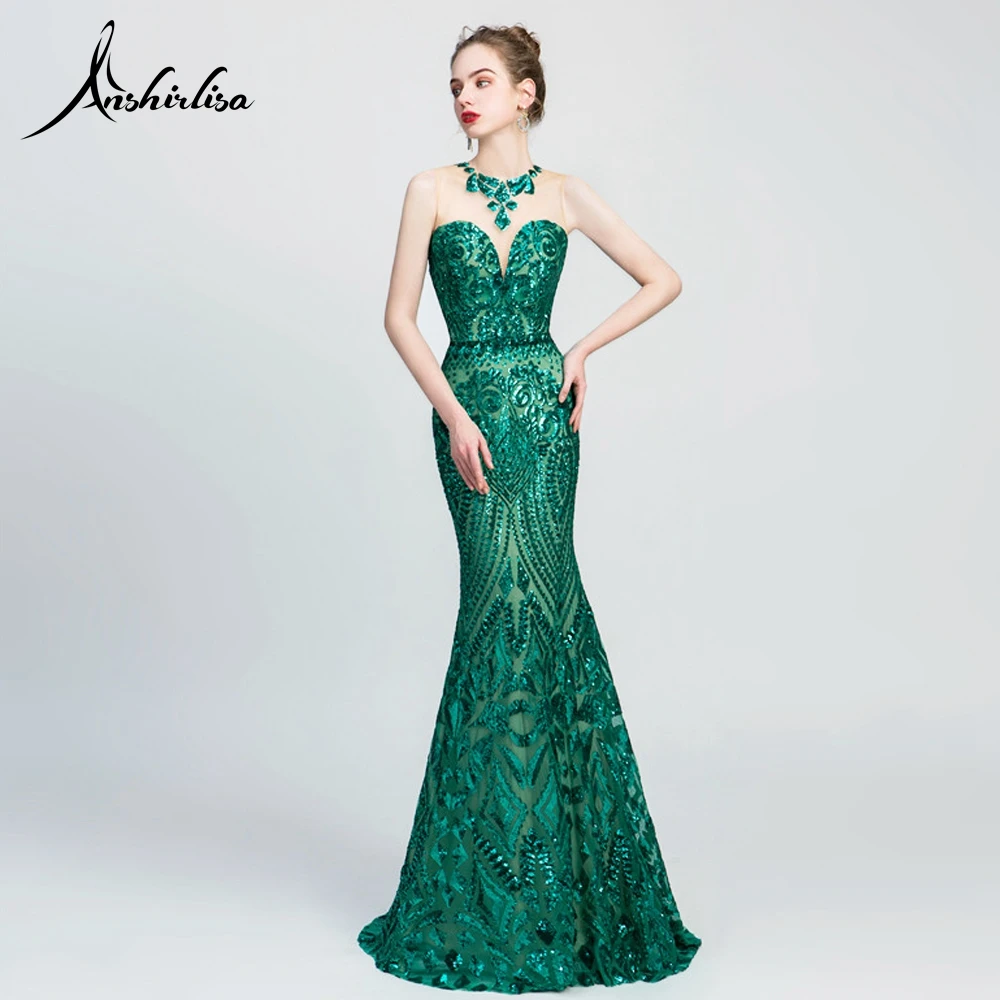 

Anshirlisa Women Emerald Green Sequin Mermaid Evening Dress Long Sparkly Dubai Luxury Gorgeous Illusion Formal Party Gown Custom