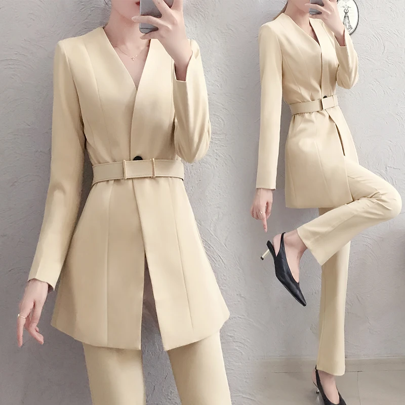

2019 new women's set Women's Workwear pant suits trousers set spring fashion long Jacket coat and wide-leg pants two-piece