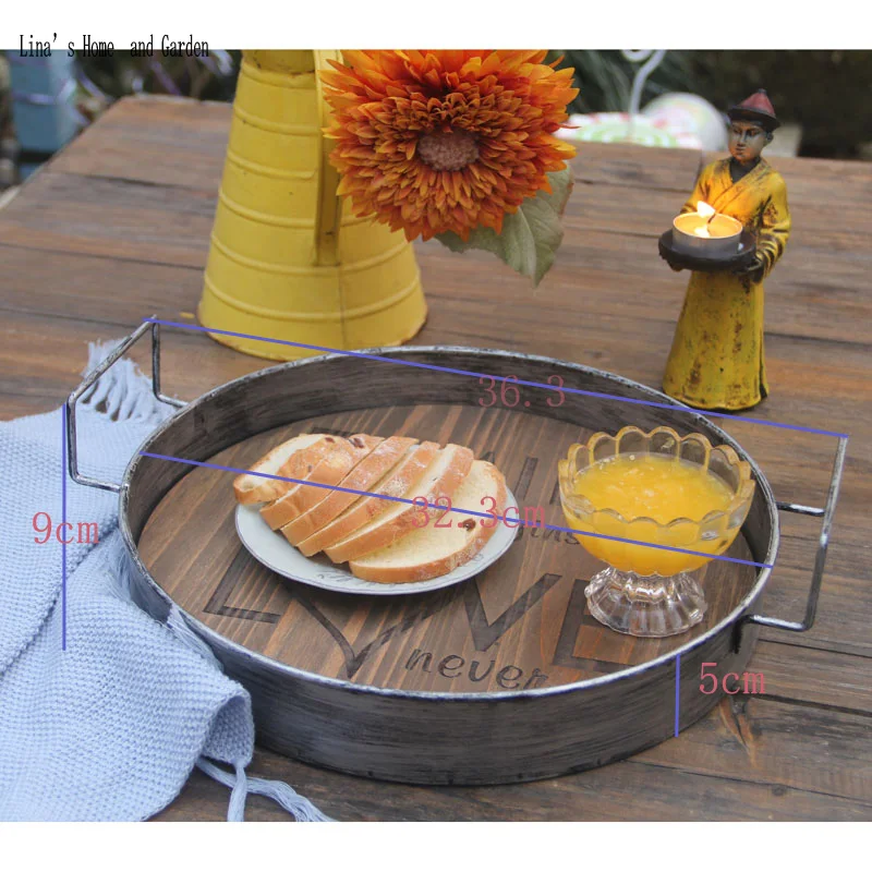 handmade zinc wood round antique serving tray with handle