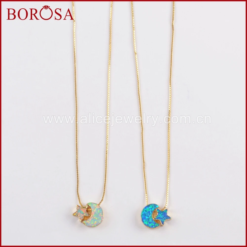 

BOROSA 2019 New Arrivals! 5PCS 17inch Crescent & Star Gold Color Gems Man-made Opal Pendant Beads Necklace women Jewelry G1573