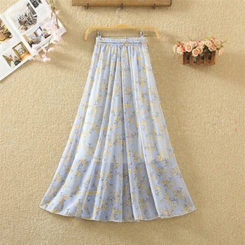 

Floral print high waist long pleated skirt Women holiday beach chiffon summer skirt Bohemian loose ladies maxi skirts female