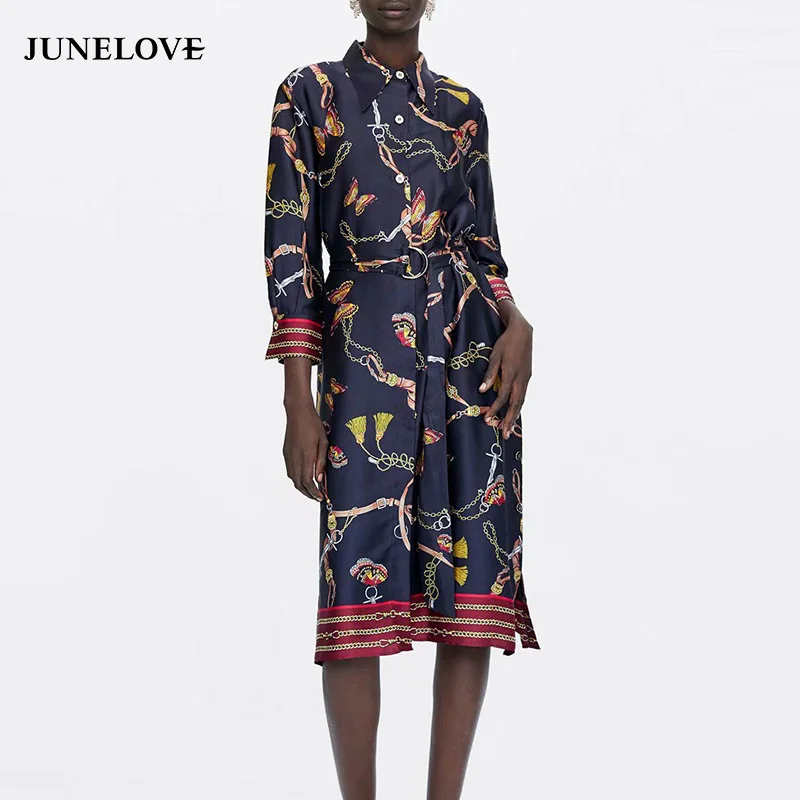 

JuneLove Women Spring Long Sleeve Midi Dress Vintage Chain Print Female Dress Casual Turn-Down Collar Lady Sashes A-Line Dress