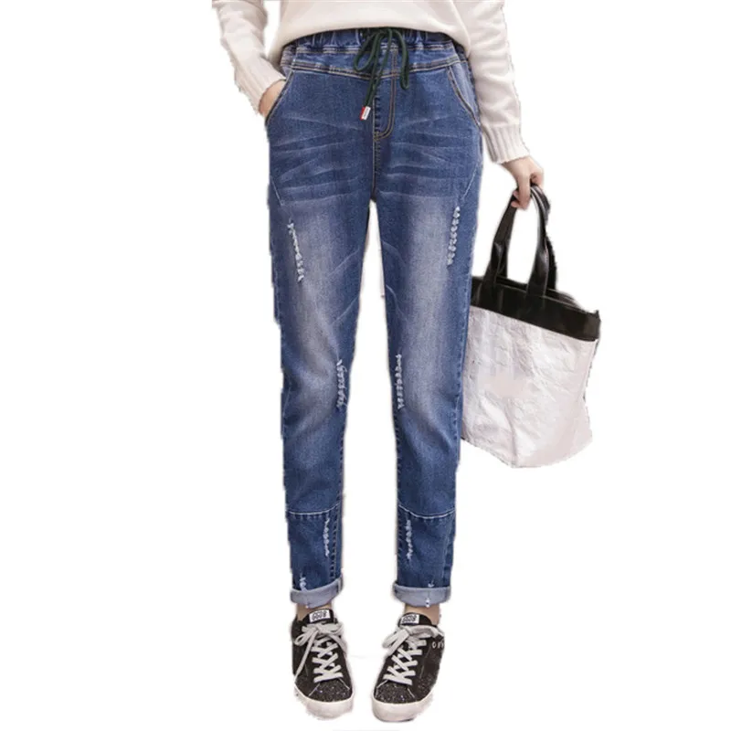 Джинсы женские синие S-5XL Плюс размер с высокой талией эластичные джинсовые брюки 2019 осень зима новый свободный, в Корейском стиле джинсовые