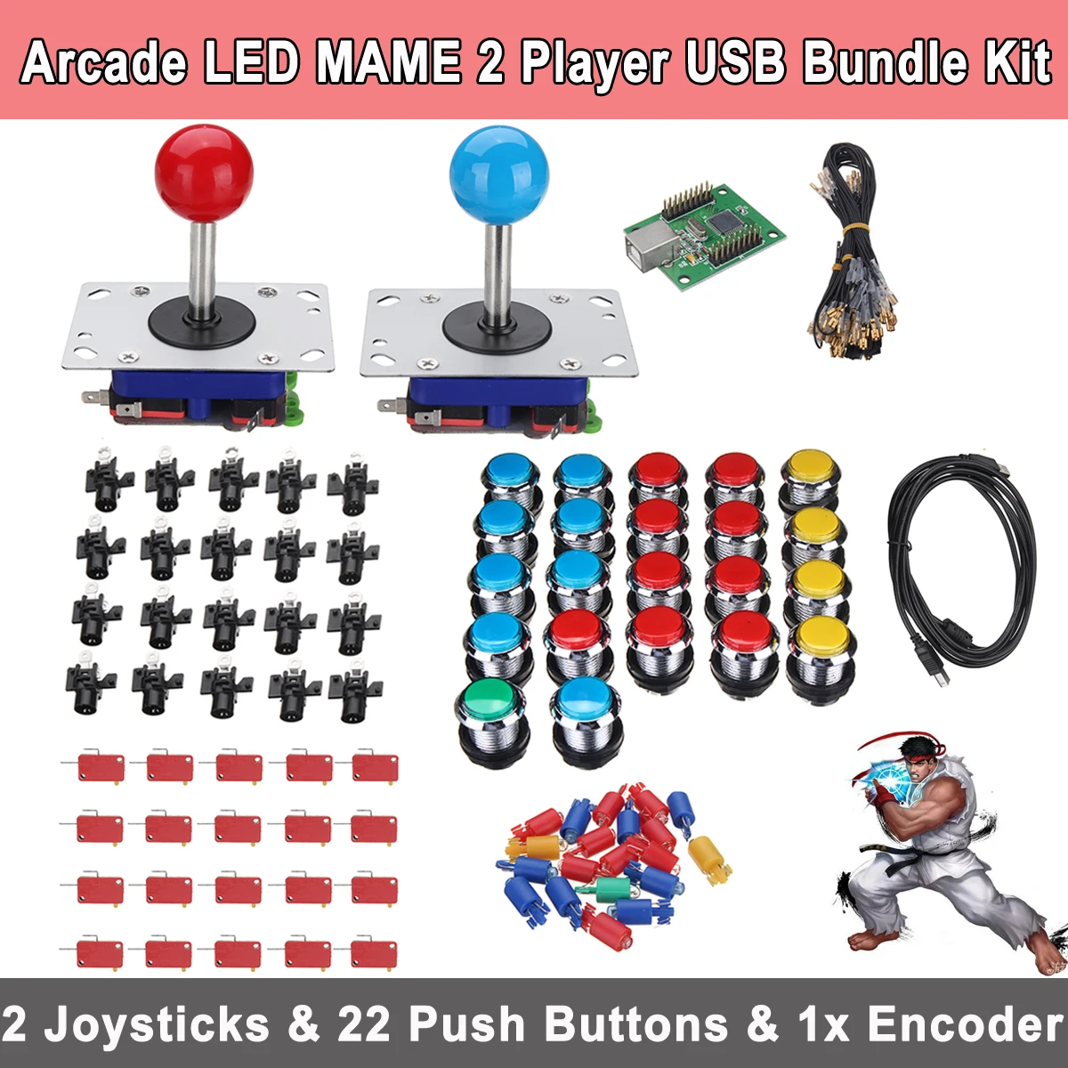 

22pcs LED Buttons 2 Players DIY Arcade Joystick Kits 1pcs USB Encoder Cables Arcade Game Parts Button Wiring Ball Joy Stick