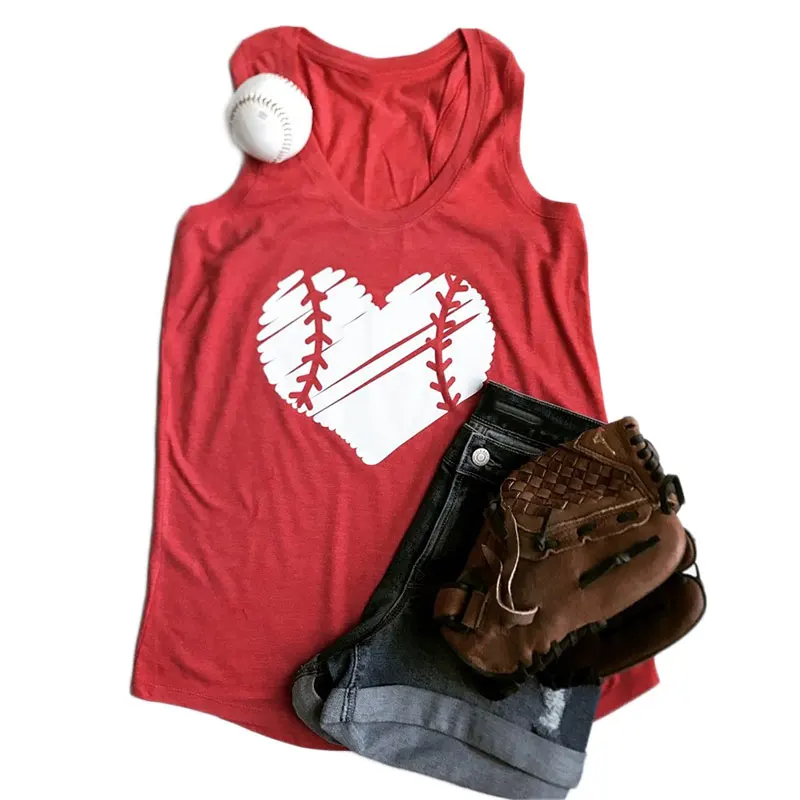 

3 Color Women Tank Tops Baseball Heart Print O-Neck Casual Sleeveless Top Summer Loose Fashion 2017 Tee Pretty Ladies Top