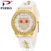 Nouvelle Marque De Mode PINBO Or Alliage Chaîne Hibou Casual Quartz Femmes Cristal Silicone Montres Relogio Feminino Horloge Vente Chaude