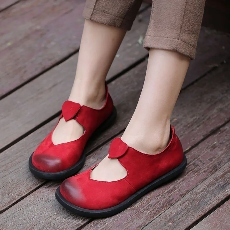 Kopen 2018 Lente Handgemaakte Vintage Vrouwen Flats Koe Suède Ronde Tenen Comfortabele Vrouwen Schoenen Rood Zwart Koffie