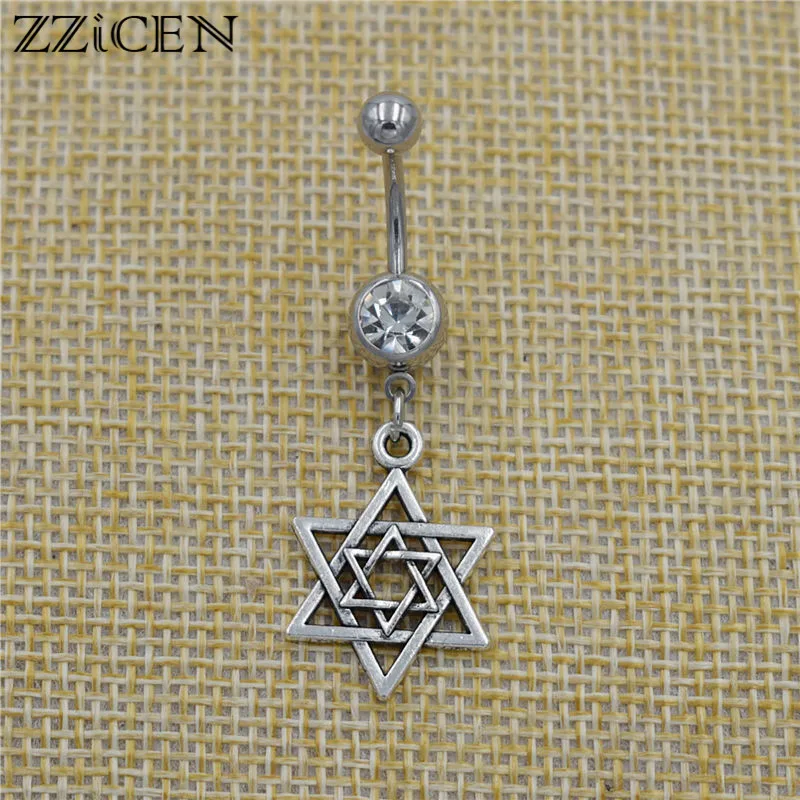 

New Handmade Jewish Star of David Hexagram Star Pendant Navel Piercing Stainless Steel Crystal Bell Button Rings Body Jewelry