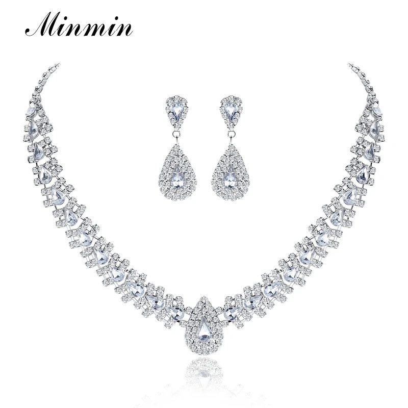 

Minmin Luxury Silver Color Crystal Wedding Jewelry Sets for Women Teardrop Rhinestone Necklace Earrings Jewelry Sets 2019 MTL001