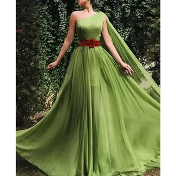 

Green Arabic Evening Dress Long Sexy One Shoulder Chiffon Formal Evening Dress with Belt robe de soiree