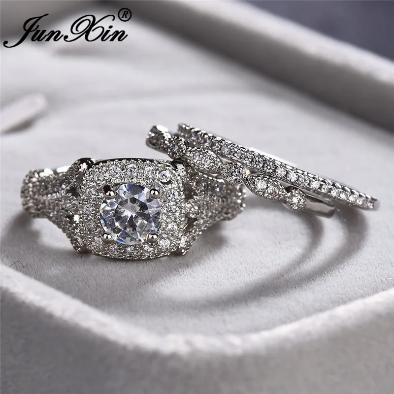 JUNXIN Luxury Triple Ring Sets For Women 925 Sterling Silver Filled Square Round White Zircon Stackable Engagement Ring Female