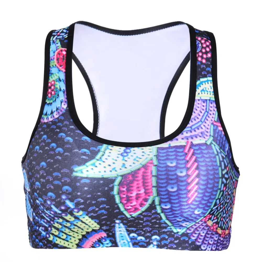 

Sexy Padded Top 3D printing Bra Fitness No rims Bra Stretch workout bustier crop top Retro flower sequins pattern Bra