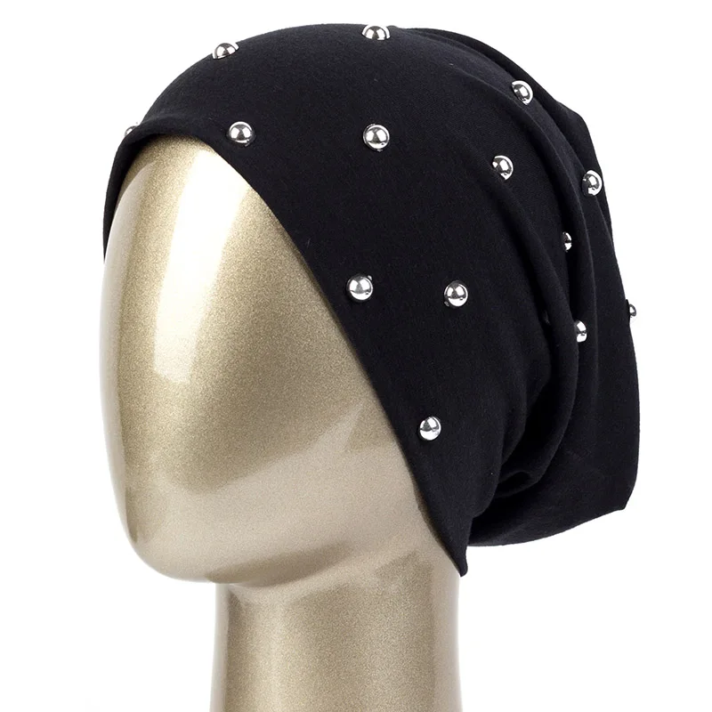 Geebro, серебряные, жемчужные шапки для женщин, ручная работа, модные, повседневные, однотонные кепки, шапочки для девочек, дамские хлопковые шапочки Skullies DZ912 - Цвет: Black
