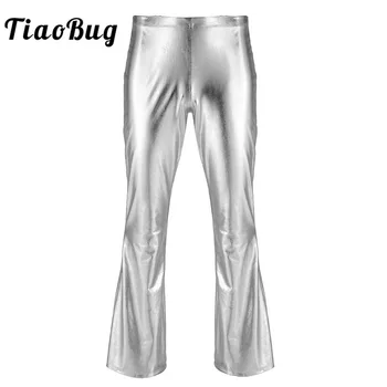 

TiaoBug Men Shiny Metallic Disco Pants with Bell Bottom Long Flare Pants Club Party Festival Rave Trousers Stage Dance Costume