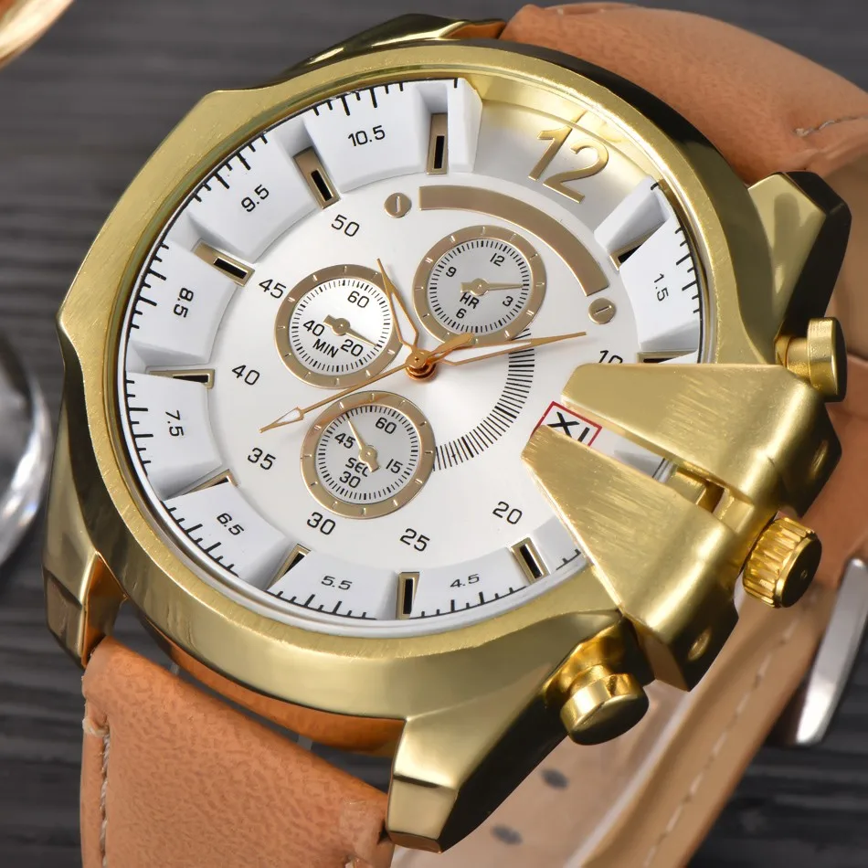 Мужские большие часы, мужские кожаные золотые военные кварцевые наручные часы, мужские армейские уникальные дизайнерские часы Erkek Saat Relogio Masculino DZ