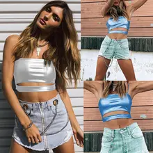 Металлическая блестящая танцевальная клубная одежда, сексуальный женский тонкий жилет из искусственной кожи, топы на бретельках, танец диско, укороченный топ, жилет, пляжная одежда